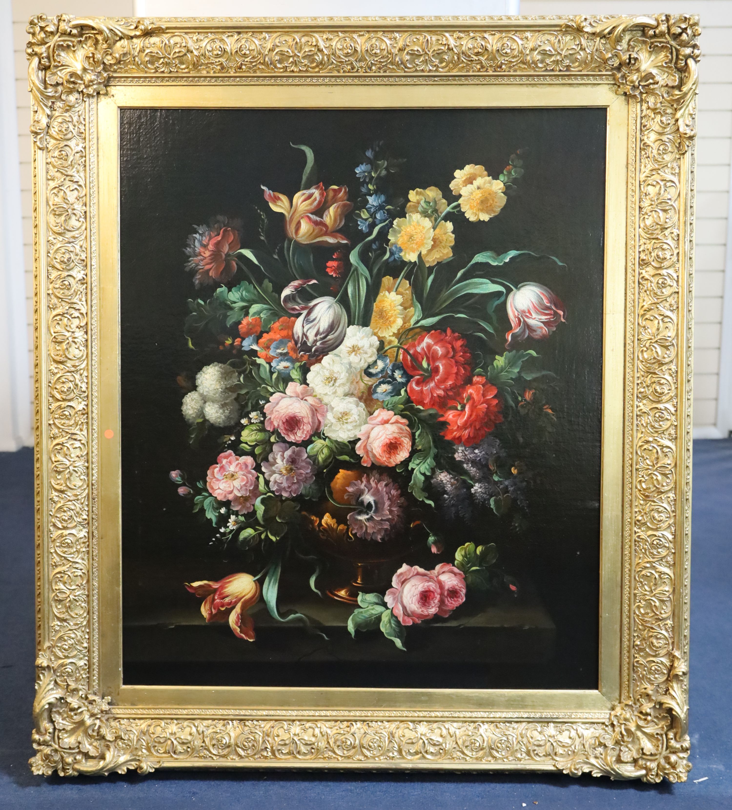 17th century Dutch style Still life of flowers in a vase upon a ledge 35 x 29in.